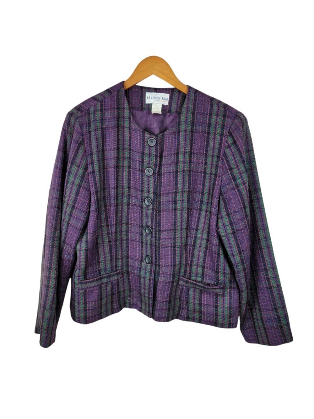 Plaid Blazer Jacket Plus Size 20 20W Check Career Boxy Purple Green Vintage 90s